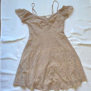 Astr Beige Peach Eyelet Off-Shoulder ruffle Mini Dress M